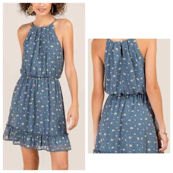 Francesca's Blue Rain Ditsy Floral Ruffle‎ Halter Neck Mini Dress Blue M - Picture 1 of 14